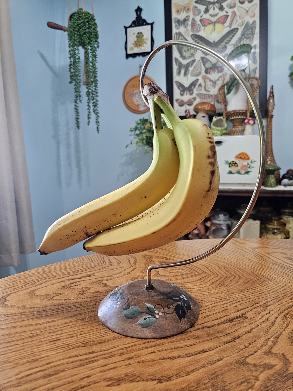 Vintage Handpainted Banana Fruit Stand Holder Hanger Wood Gold Metal Cottagecore